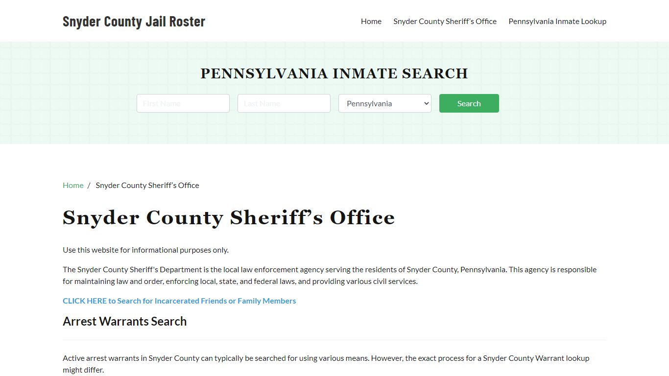 Snyder County Sheriff Office, PA, Arrest Warrants Search